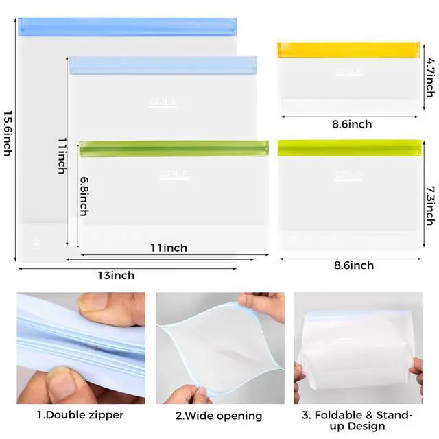 Alt view image 3 of 7 - 10 Pack Stand-Up Reusable Quart Freezer Bags Dishwasher Safe, Extra Thick Leakproof 1 Quart Food Storage Bags, BPA Free Bags for Meal Prep, Sandwich, Snack, Fridge Organization