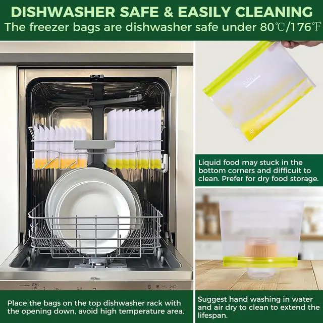 Alt view image 5 of 7 - 10 Pack Stand-Up Reusable Quart Freezer Bags Dishwasher Safe, Extra Thick Leakproof 1 Quart Food Storage Bags, BPA Free Bags for Meal Prep, Sandwich, Snack, Fridge Organization