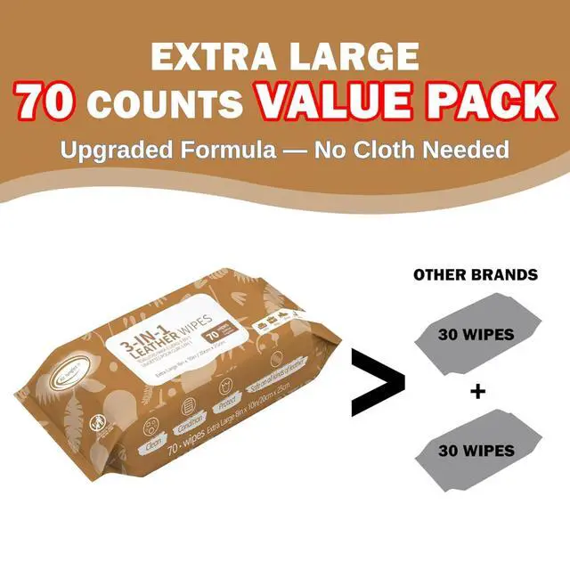 Alt view image 6 of 7 - 3in1 Leather Cleaner Wipes 70 Count, Extra Large 8" x 10" Size, Clean Condition Protect Wipes for Vinyl and Leather Apparel Furniture Auto Car Interior Shoes Boots Bags