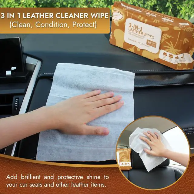 Alt view image 7 of 7 - 3in1 Leather Cleaner Wipes 70 Count, Extra Large 8" x 10" Size, Clean Condition Protect Wipes for Vinyl and Leather Apparel Furniture Auto Car Interior Shoes Boots Bags