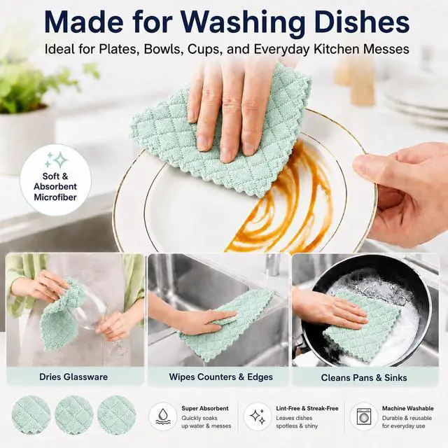 Alt view image 3 of 7 - 12 Pack Dish Cloths for Washing Dishes, Super Absorbent Microfiber Kitchen Dish Rags, Fast Drying Coral Velvet Dish Cloths for Kitchen Counter and Dishes (Green-Grey)