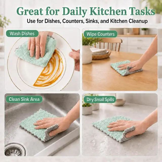 Alt view image 7 of 7 - 12 Pack Dish Cloths for Washing Dishes, Super Absorbent Microfiber Kitchen Dish Rags, Fast Drying Coral Velvet Dish Cloths for Kitchen Counter and Dishes (Green-Grey)