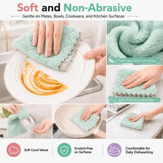 Alt view image 6 of 7 - 12 Pack Dish Cloths for Washing Dishes, Super Absorbent Microfiber Kitchen Dish Rags, Fast Drying Coral Velvet Dish Cloths for Kitchen Counter and Dishes (Green-Grey)