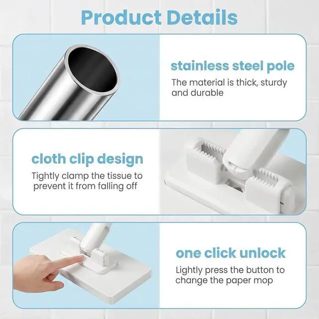 Alt view image 3 of 7 - Snap Grip Mini Mop, Zero Touch Cloth Changing Mop with Automatic Push Pull Handle,360 Rotating Lazy Mops Wet Dry for Whole House Cleaning,Retractable Gap Dust Cleaner Flat Mops (White-5 Cloths)
