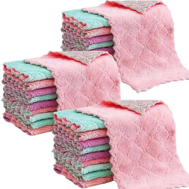 Main image of Reusable Microfiber Kitchen Cleaning Cloths Super Absorbent, Quick-Drying Dish Towels for Kitchen Car Furniture Bowl Tea. 10.6" x 6.3" Coral Velvet Dishcloths Lint-Free Machine Washable 24 Pack Rags