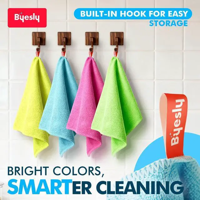 Alt view image 4 of 7 - 12-Pack Microfiber Cleaning Cloth, 11.5x11.5 Microfiber Towels for Cars, Dishes & House, For Detailers, Chefs & Efficient Home | Scratch-Free, Lint-Free, Ultra Absorbent(Green/Blue/Yellow/Pink)