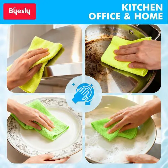 Alt view image 7 of 7 - 12-Pack Microfiber Cleaning Cloth, 11.5x11.5 Microfiber Towels for Cars, Dishes & House, For Detailers, Chefs & Efficient Home | Scratch-Free, Lint-Free, Ultra Absorbent(Green/Blue/Yellow/Pink)