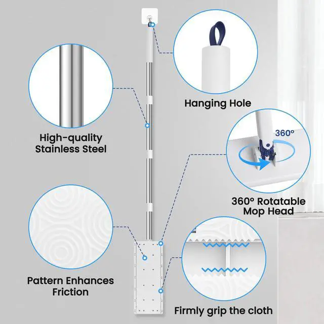 Alt view image 4 of 7 - Snap Grip Mini Mop with 6 Washable Pads, Lazy Dry Wet Mops Household Items for Wall Window Ceiling, Dust Mop with 47" Handle, Zero-Touch Flat Floor Mops for Floor Cleaning for Home Kitchen Bathroom