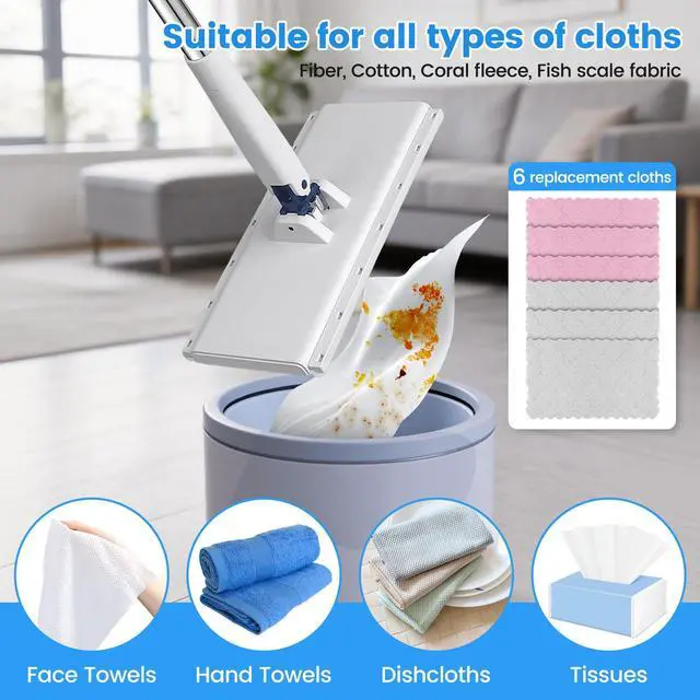 Alt view image 6 of 7 - Snap Grip Mini Mop with 6 Washable Pads, Lazy Dry Wet Mops Household Items for Wall Window Ceiling, Dust Mop with 47" Handle, Zero-Touch Flat Floor Mops for Floor Cleaning for Home Kitchen Bathroom