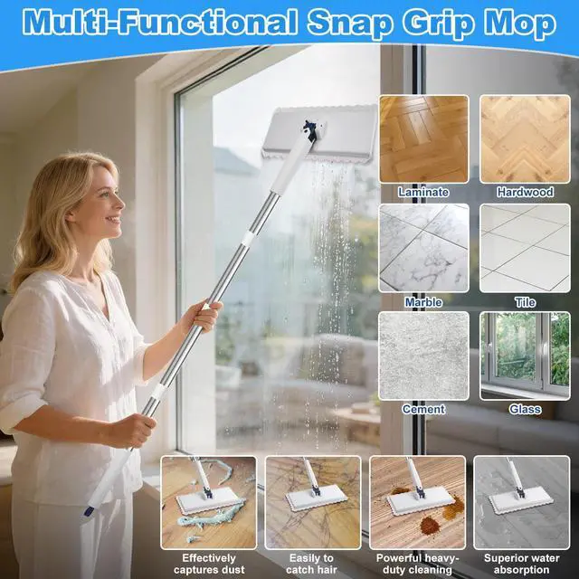 Alt view image 7 of 7 - Snap Grip Mini Mop with 6 Washable Pads, Lazy Dry Wet Mops Household Items for Wall Window Ceiling, Dust Mop with 47" Handle, Zero-Touch Flat Floor Mops for Floor Cleaning for Home Kitchen Bathroom