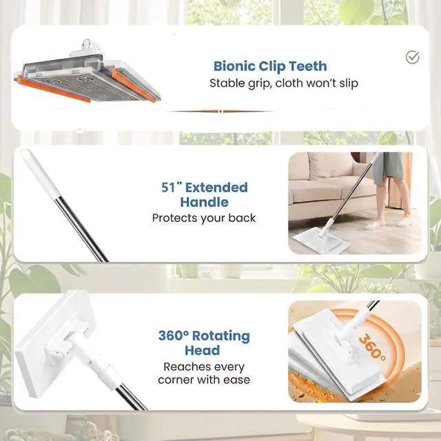 Alt view image 6 of 7 - Snap Grip Mini Mop, Hands Free Multi Purpose Flat Mop, Upgraded Disposable Dust, Zero Touch Mini Mops, Convenient Cloth Changing Mops, Foldable Adjustable Long Handle (1pc+ 5 Cloths)