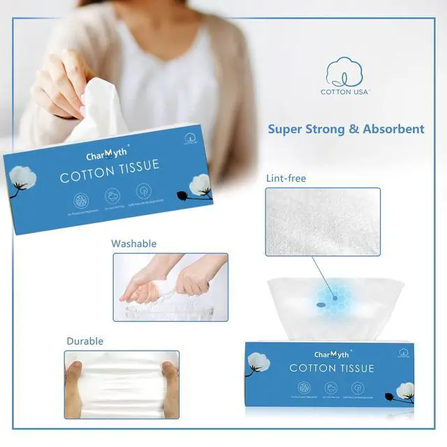 Alt view image 3 of 7 - Extra Thick Disposable Face Towel, Disposable Makeup Removing Wipes, 100% USA Cotton and 100% Organic & Cruelty Free, Lint-Free Cotton Tissues for Sensitive Skin 100 Count