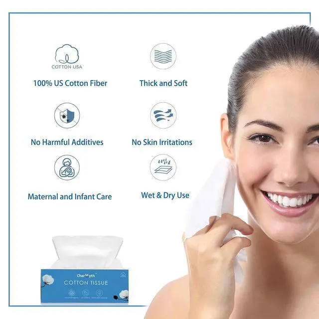 Alt view image 5 of 7 - Extra Thick Disposable Face Towel, Disposable Makeup Removing Wipes, 100% USA Cotton and 100% Organic & Cruelty Free, Lint-Free Cotton Tissues for Sensitive Skin 100 Count