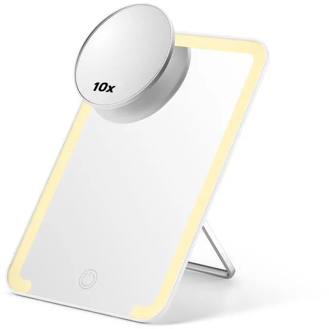 Main image of Lighted Makeup Mirror with 10X Magnifying Mirror, 8 x 5 inches Desk Mirror with Adjustable Stand and 3 Lighting Modes for Shaving and Travelling, White