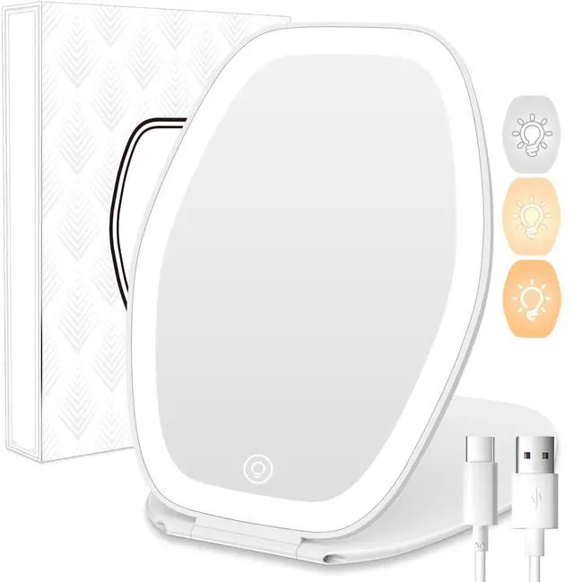 Main image of Travel Makeup Mirror with Light: 3 Color Lighting Portable Mirror with Touch Screen Rechargeable Adjustable LED Lights Hexagon Vanity Mirror for Travel, Desk, Home(White)