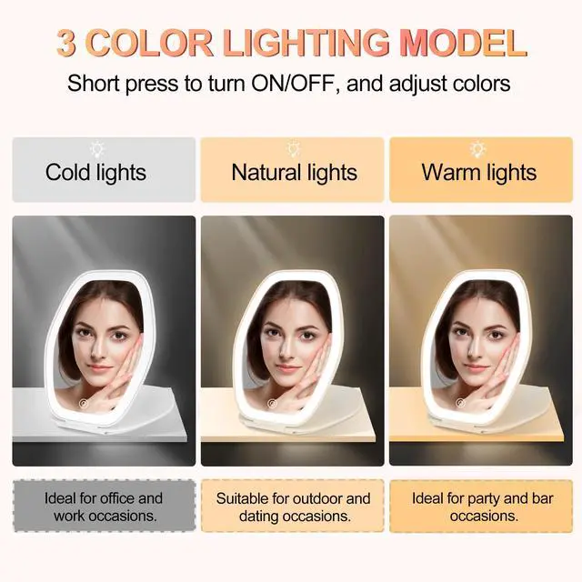 Alt view image 2 of 7 - Travel Makeup Mirror with Light: 3 Color Lighting Portable Mirror with Touch Screen Rechargeable Adjustable LED Lights Hexagon Vanity Mirror for Travel, Desk, Home(White)