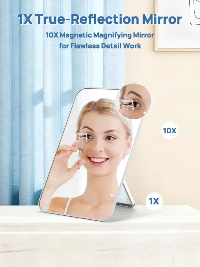 Alt view image 3 of 7 - Desk Makeup Mirror with 10X Magnifying Mirror, 8 x 5 inches Small Travel Mirror with Foldable Stand and Hanging Hole for Shaving and Travelling, White