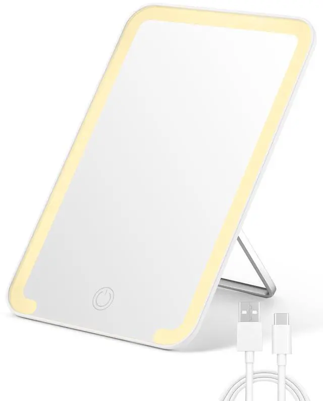 Main image of Lighted Travel Makeup Mirror, 8 x 5 inches Desk Mirror with Foldable Stand and 3 Lighting Modes for Shaving and Travelling, White