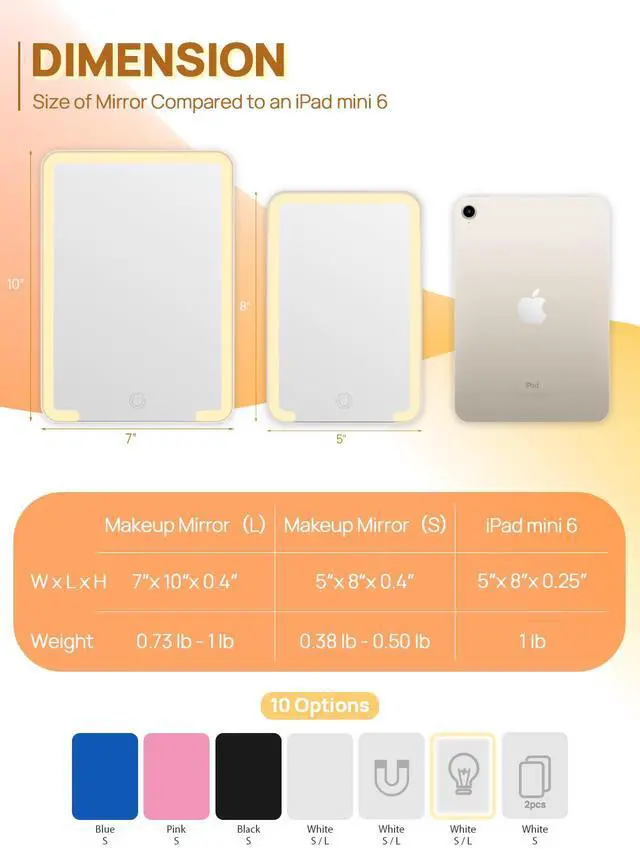 Alt view image 2 of 6 - Lighted Travel Makeup Mirror, 8 x 5 inches Desk Mirror with Foldable Stand and 3 Lighting Modes for Shaving and Travelling, White