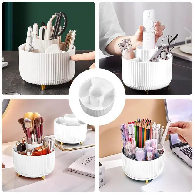 Alt view image 3 of 7 - Makeup Brush Holder Organizer,360° Rotating Makeup Brush Organizer,5 Slot Make up Brushes Cup for Cosmetics, Nail Polish, Art Supply, Bathroom Vanity Desktop Organizer - White