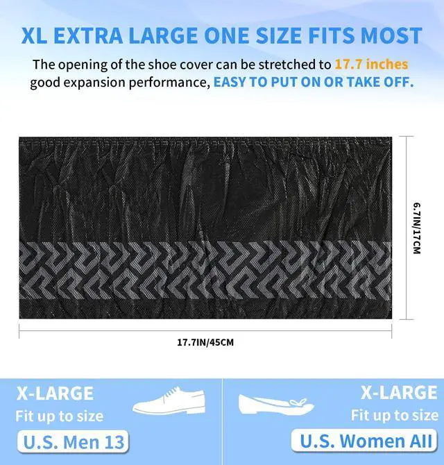 Alt view image 2 of 7 - Shoe Covers Disposable Non Slip - 50 Pack (25 Pairs) X-Large Disposable Boot Covers for Indoors Outdoors Recyclable Durable Protector Stretchable Fits Up to Size 13 US Men-Black