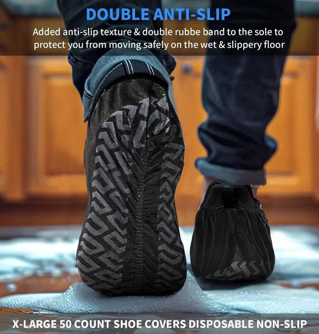 Alt view image 3 of 7 - Shoe Covers Disposable Non Slip - 50 Pack (25 Pairs) X-Large Disposable Boot Covers for Indoors Outdoors Recyclable Durable Protector Stretchable Fits Up to Size 13 US Men-Black