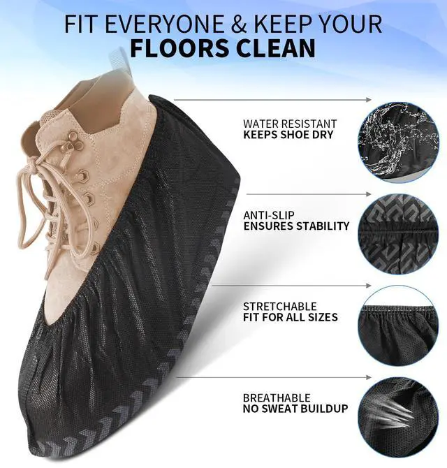 Alt view image 5 of 7 - Shoe Covers Disposable Non Slip - 50 Pack (25 Pairs) X-Large Disposable Boot Covers for Indoors Outdoors Recyclable Durable Protector Stretchable Fits Up to Size 13 US Men-Black