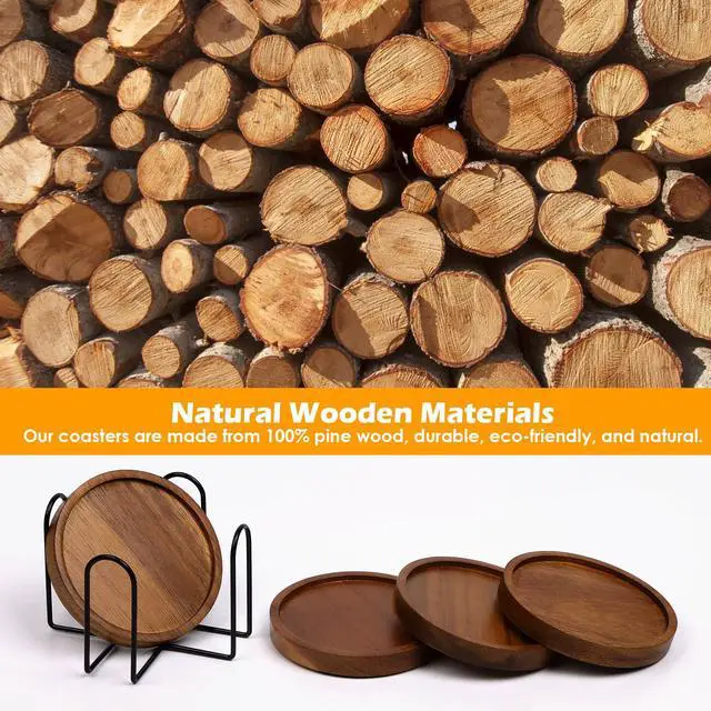 Alt view image 2 of 7 - 4 Pcs Wood Coasters for Drinks Absorbent, Wooden Coasters with Holder, Drink Coasters for Coffee Table, Absorbent Coaster Set for Table Protection Drink Coasters for Farmhouse, Office, Bar