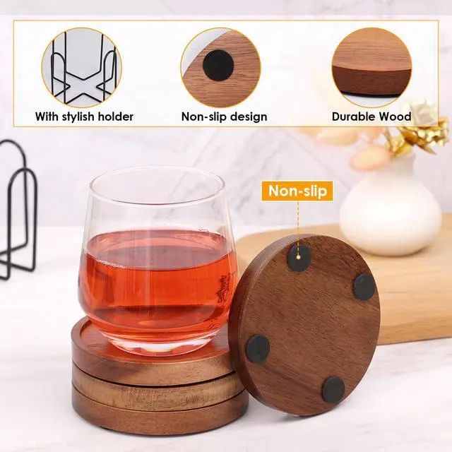 Alt view image 3 of 7 - 4 Pcs Wood Coasters for Drinks Absorbent, Wooden Coasters with Holder, Drink Coasters for Coffee Table, Absorbent Coaster Set for Table Protection Drink Coasters for Farmhouse, Office, Bar