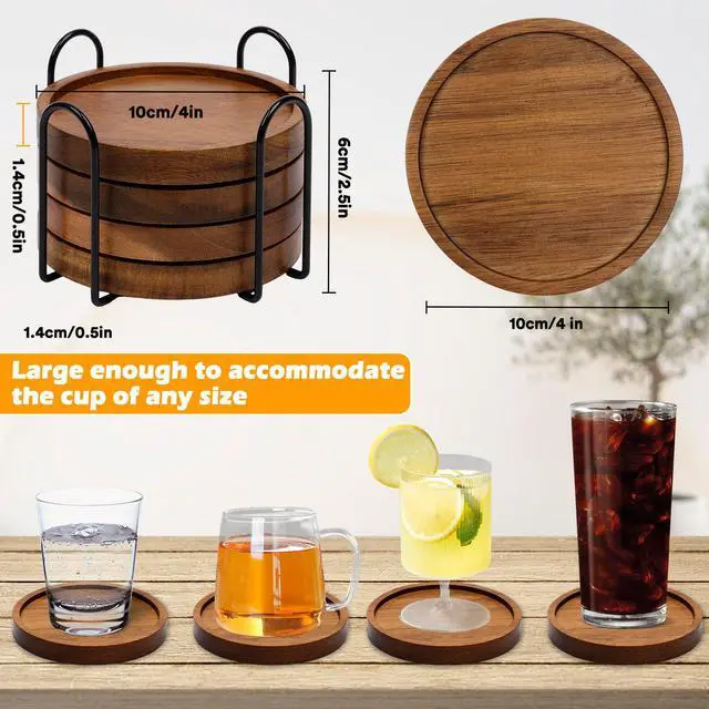 Alt view image 4 of 7 - 4 Pcs Wood Coasters for Drinks Absorbent, Wooden Coasters with Holder, Drink Coasters for Coffee Table, Absorbent Coaster Set for Table Protection Drink Coasters for Farmhouse, Office, Bar