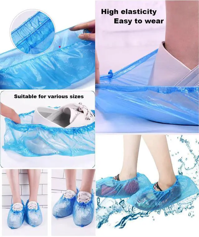 Alt view image 5 of 7 - 100 Pack Shoe Covers Disposable Non Slip, Premium Waterproof and Recyclable Shoe Booties Covers for Indoors, Fits Up To 9 US Men and 11 US Women Size, 50 Pairs Elastic Caps Plastic Shoe Covers
