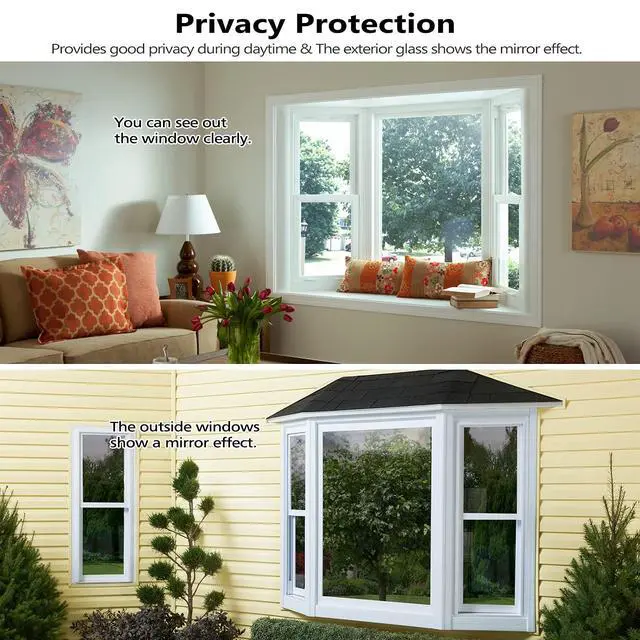 Alt view image 3 of 7 - Window Tint for Home, One Way Daytime Privacy Window Film Heat Control Sun Blocking, Anti UV Non-Adhesive Static Cling Reflective Mirror Glass Film for Home Office, Black Silver, 17.5 Inch x 6.5 Feet