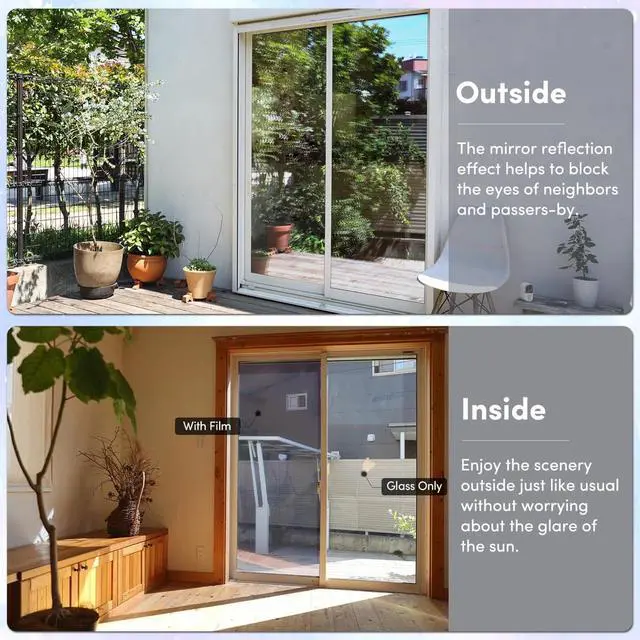 Alt view image 3 of 7 - One Way Privacy Window Film, Sun Blocking Reflective Window Film See Out Not in, Heat Control Window Tint for Home, Anti UV Static Cling for Windows Office Door (Silver, 17.5 Inch X 6.5 Feet)