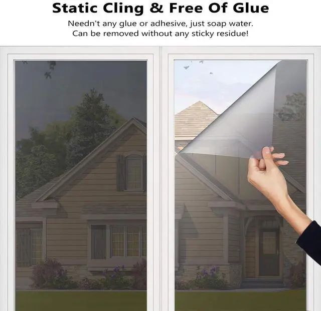 Alt view image 5 of 7 - Window Tint for Home, One Way Daytime Privacy Window Film Heat Control Sun Blocking, Anti UV Non-Adhesive Static Cling Reflective Mirror Glass Film for Home Office, Black Silver, 17.5 Inch x 6.5 Feet