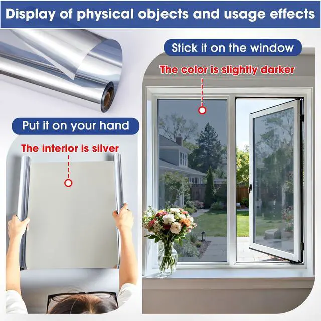 Alt view image 6 of 7 - One Way Privacy Window Film, Sun Blocking Reflective Window Film See Out Not in, Heat Control Window Tint for Home, Anti UV Static Cling for Windows Office Door (Silver, 17.5 Inch X 6.5 Feet)