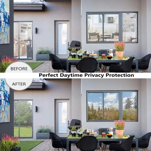 Alt view image 7 of 7 - Window Tint for Home, One Way Daytime Privacy Window Film Heat Control Sun Blocking, Anti UV Non-Adhesive Static Cling Reflective Mirror Glass Film for Home Office, Black Silver, 17.5 Inch x 6.5 Feet