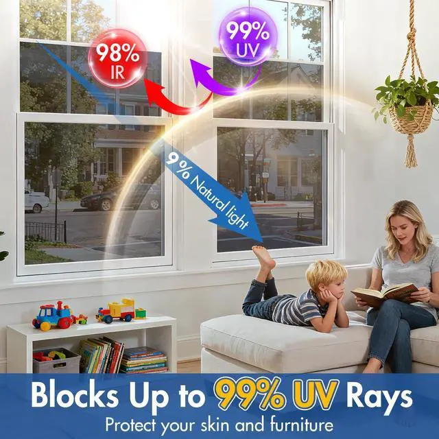 Alt view image 3 of 7 - One Way Privacy Window Film with 3 Tools, Reflective Window Tint for Home, Daytime Privacy See Out Not in, Heat Control & UV Blocking Adhesive Covering for Bedroom Office,17.5 x 78.7Inch,Black