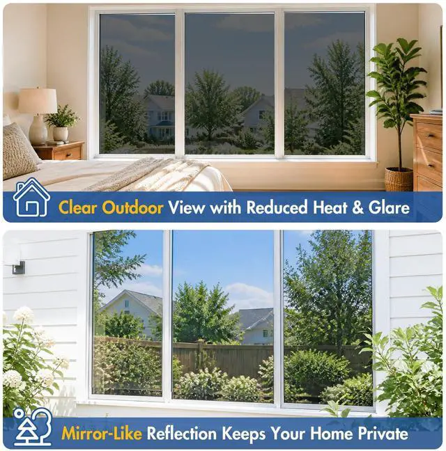 Alt view image 4 of 7 - One Way Privacy Window Film with 3 Tools, Reflective Window Tint for Home, Daytime Privacy See Out Not in, Heat Control & UV Blocking Adhesive Covering for Bedroom Office,17.5 x 78.7Inch,Black