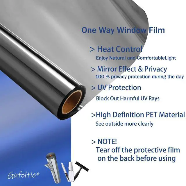 Alt view image 6 of 7 - One Way Privacy Window Film Reflective Solar Control Window Film Heat Control Mirror Window Tint for Home Heat Blocking Daytime Privacy See Out Not in, Black Silver, 17.5 Inch X 78.7 Inch
