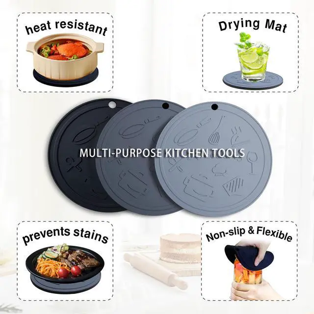 Alt view image 3 of 7 - Silicone Trivet Mats - 3 Heat Resistant Pot Holders for Hot Pots and Pans, Silicone Mats for Kitchen Countertops, Table, Food Grade Silicone (Black & Gray)