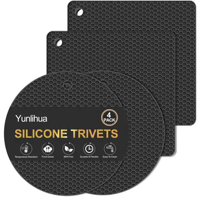 Main image of Silicone Trivet Mats, 4 PCS Heat Resistant Pot Holders Trivets for Hot Dishes, Hot Pots and Pans, Multipurpose Non-Slip Hot Pads for Kitchen Countertop Table, Food Grade & BPA Free, Black
