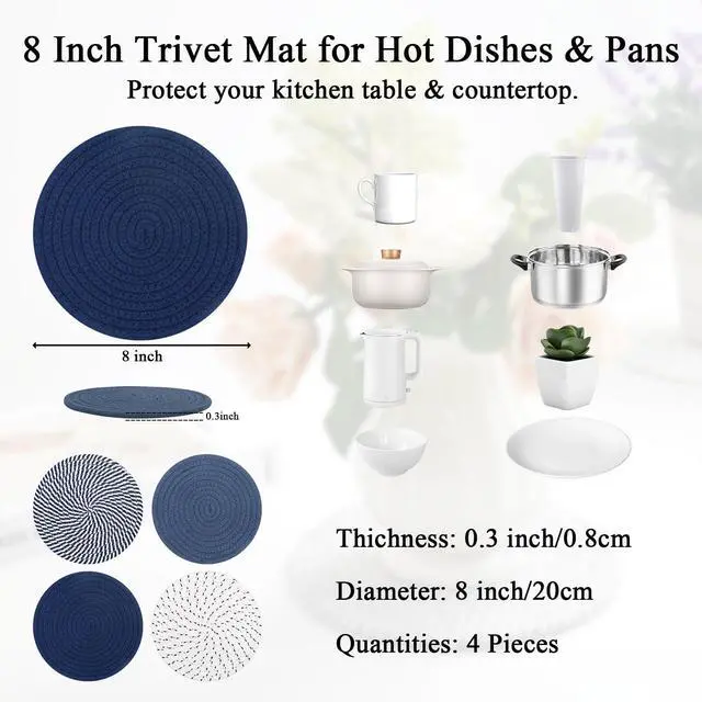 Alt view image 2 of 7 - 8 Inches Trivets for Hot Dishes, 4 Pieces Cotton Trivets Mats for Kitchen, Hot Pads for Countertops and Table, Heat-Resistant Pot Holders for Hot Pots and Pans(Blue, 4pcs)