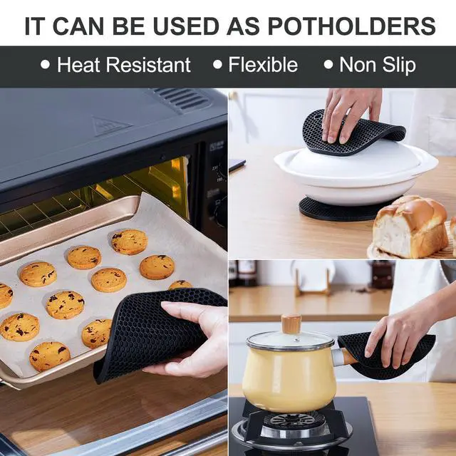 Alt view image 2 of 7 - Silicone Trivet Mats, 4 PCS Heat Resistant Pot Holders Trivets for Hot Dishes, Hot Pots and Pans, Multipurpose Non-Slip Hot Pads for Kitchen Countertop Table, Food Grade & BPA Free, Black