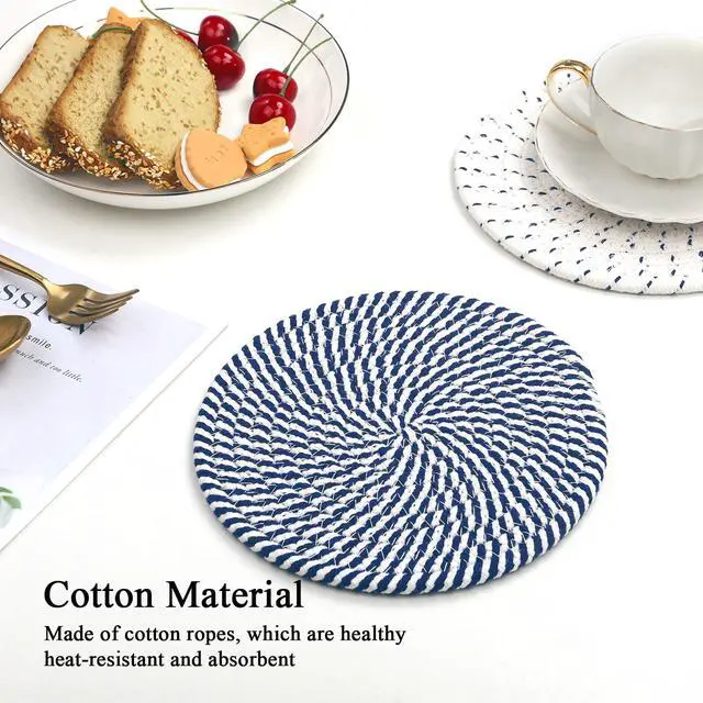 Alt view image 4 of 7 - 8 Inches Trivets for Hot Dishes, 4 Pieces Cotton Trivets Mats for Kitchen, Hot Pads for Countertops and Table, Heat-Resistant Pot Holders for Hot Pots and Pans(Blue, 4pcs)
