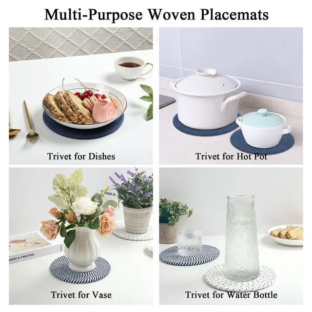 Alt view image 6 of 7 - 8 Inches Trivets for Hot Dishes, 4 Pieces Cotton Trivets Mats for Kitchen, Hot Pads for Countertops and Table, Heat-Resistant Pot Holders for Hot Pots and Pans(Blue, 4pcs)