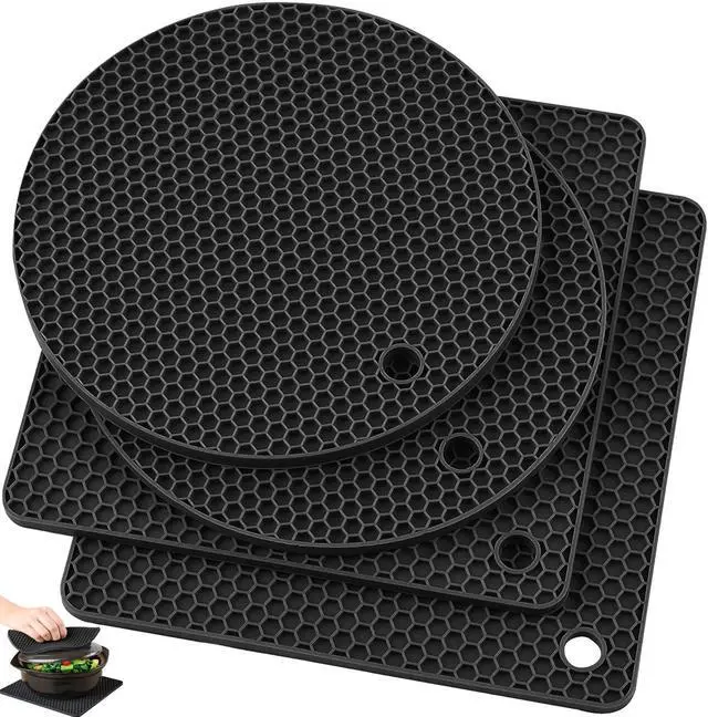 Main image of Silicone Trivet Pot Mat, Silicone Pot Holders for Hot Pan and Pot Pads. Heat Resistant Counter Mats for Tables Placemats,Countertops, Spoon Rest and Large Coasters,4 Pack Black(2 Squared + 2 Round)