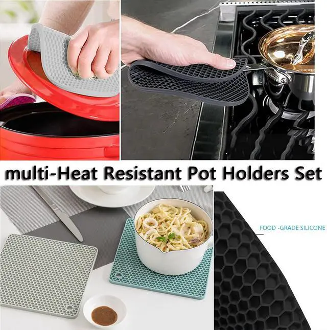 Alt view image 5 of 7 - Silicone Trivet Pot Mat, Silicone Pot Holders for Hot Pan and Pot Pads. Heat Resistant Counter Mats for Tables Placemats,Countertops, Spoon Rest and Large Coasters,4 Pack Black(2 Squared + 2 Round)