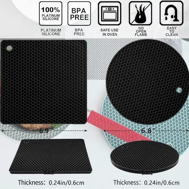 Alt view image 7 of 7 - Silicone Trivet Pot Mat, Silicone Pot Holders for Hot Pan and Pot Pads. Heat Resistant Counter Mats for Tables Placemats,Countertops, Spoon Rest and Large Coasters,4 Pack Black(2 Squared + 2 Round)