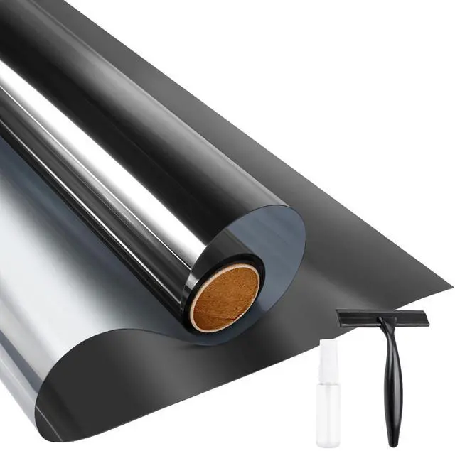 Main image of One Way Daytime Privacy Static Cling Sun Blocking Anti UV Reflective Window Tint for Home and Office, Black-Silver, 17.5 Inch X 6.5 Feet
