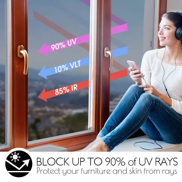 Alt view image 3 of 7 - One Way Privacy Window Film, Daytime Mirror Reflective Heat Control UV Sun Blocking Non-Adhesive Static Cling Window Tint for Home and Office(Black-Silver, 17.5 Inch x 6.5 Feet)